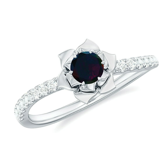 Rosec Jewels Black Opal Flower Engagement Ring - Natural Black Opal Diamond Ring - AAA Grade Certified - with Jewelry Box, 10K White Gold, US 7.00