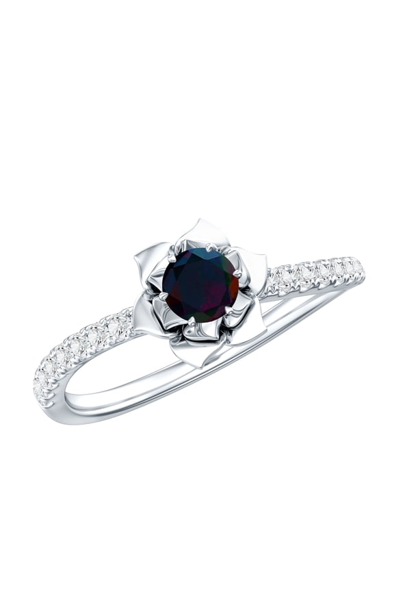 Black Opal Flower Engagement Ring - Natural Black Opal Diamond Ring - AAA Grade Certified - with Jewelry Box, 925 Sterling Silver, US 4.00