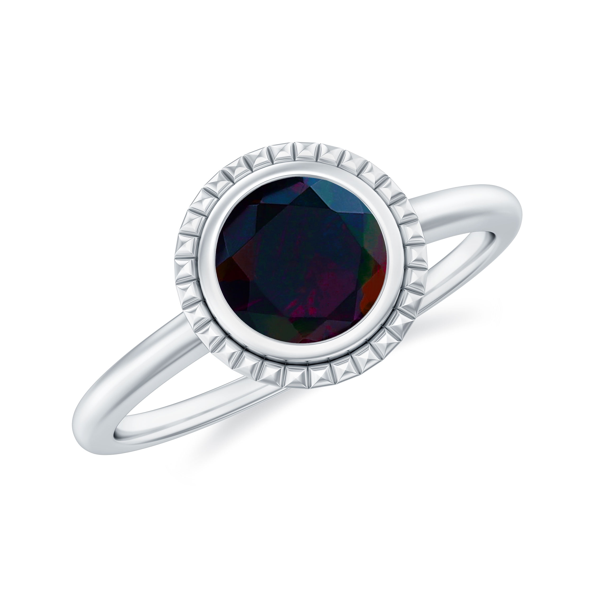 Natural Black Opal Solitaire Ring in Bezel Setting - October