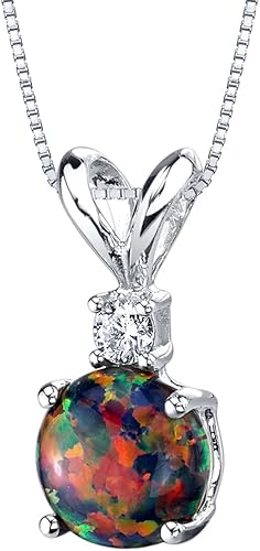 Peora 14K White Gold Created Blue Opal Pendant With Genuine Diamond Accent - 6.5mm Round Solitaire (Includes Silver Chain) - View #3