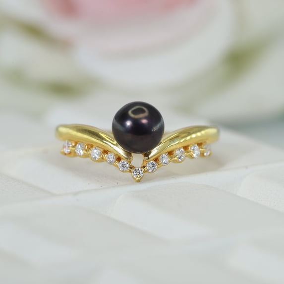 Natural Black Pearl Wedding Ring, Delicate Women CZ Diamond Stacking Ring, Yellow Gold Plated Bridesmaid Jewelry Promise Gift Ring For Women