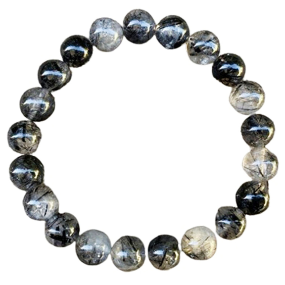 Natural Black Rutilated Quartz 10mm Round Shape Smooth Cut Beads Stretchable Bracelet for Men & Women.
