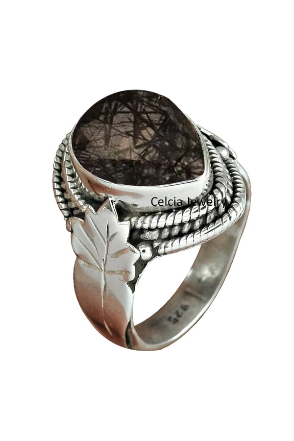 Natural Black Rutilated Quartz Pear Gemstone Unique Ring, Solid 925 Sterling Silver Amazing Ring, Statement Ring, Best Anniversary Gifts For Women