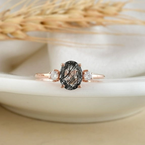 Natural Black Rutilated Quartz Ring Oval Cut Engagement Ring Black Quartz simulated diamond Ring Energy Gemstone Crystal Jewelry Gift For Her
