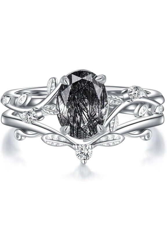 Natural Black Rutilated Quartz Rings for Women 925 Sterling Silver Leaf Oval Cut Black Rutilated Quartz Engagement Ring Set Promise Bridal Anniversary Birthday Jewelry Gift Size 7