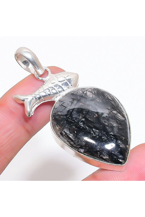 Natural Black Rutile Gemstone 925 Sterling Silver Jewelry Pendant 2.29"