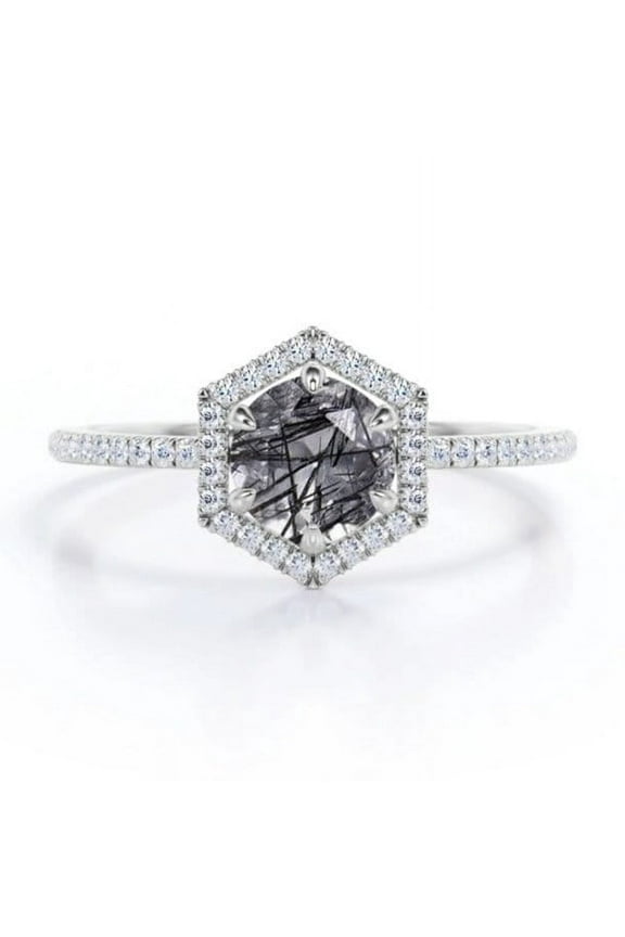 Natural Black Rutile Hexagon Style women bridal ring,925 Silver wedding ring Black gemstone wedding Ring Hexagon Fancy Cluster Ring Gift Her