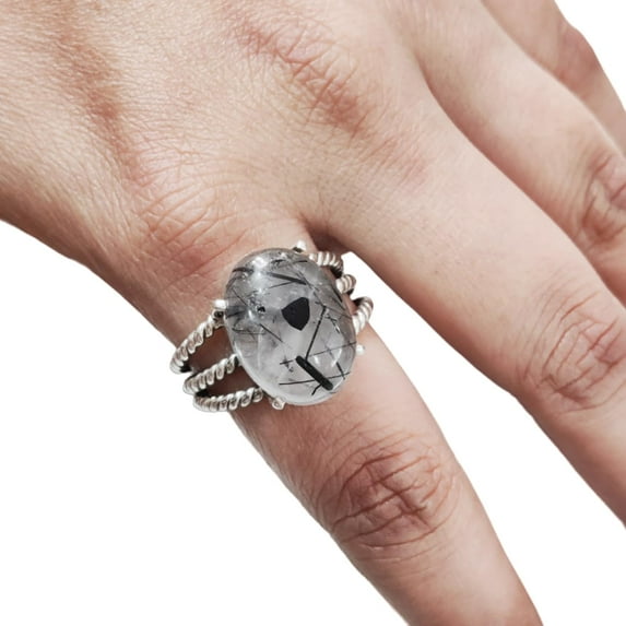 Natural Black Rutile Ring, Woman's Black Rutilated Quartz Ring, 3 Twisted Bohemian Band, 925 Sterling Silver, Womens Ring, Christmas, Thanksgiving, Handmade, Statement Jewelry, Natural Gemstone Ring