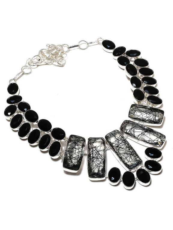 Natural Black Rutile, Spinel Handmade 925 Sterling Silver Necklace 18"