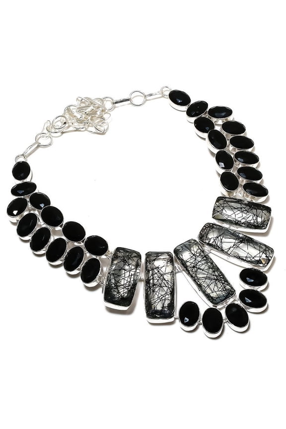 Natural Black Rutile, Spinel Handmade 925 Sterling Silver Necklace 18"