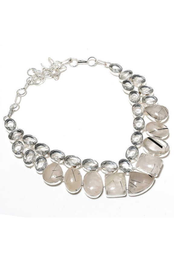 Natural Black Rutile, Topaz Handmade 925 Sterling Silver Necklace 18"