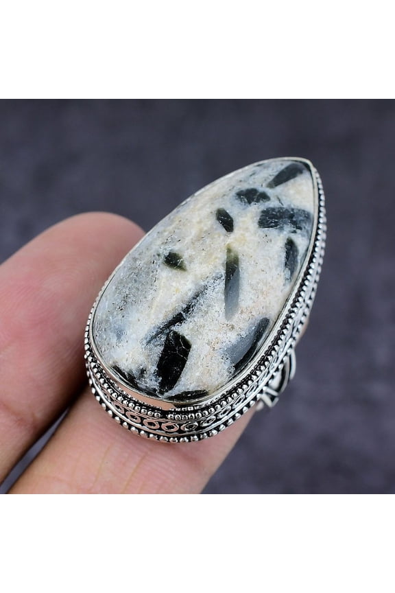 Natural Black Seraphinite Gemstone Handmade 925 Sterling Silver Ring S. 10