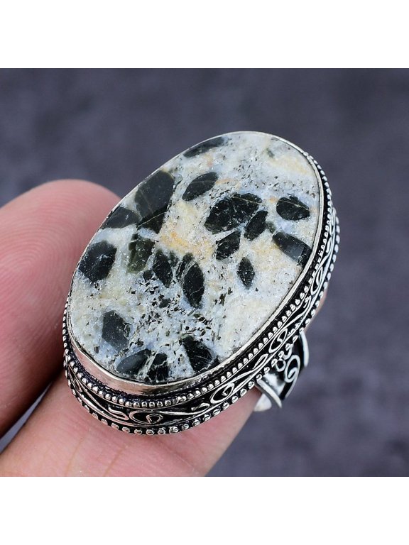 Natural Black Seraphinite Gemstone Handmade 925 Sterling Silver Ring S. 10