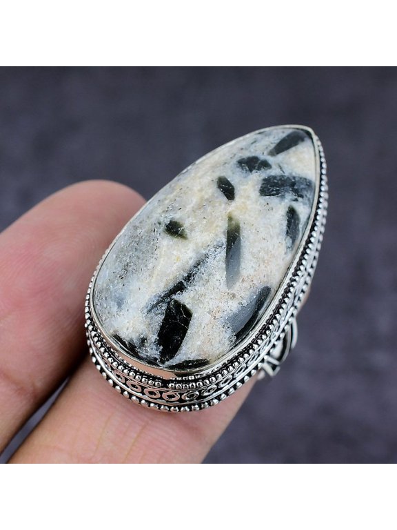 Natural Black Seraphinite Gemstone Handmade 925 Sterling Silver Ring S.8