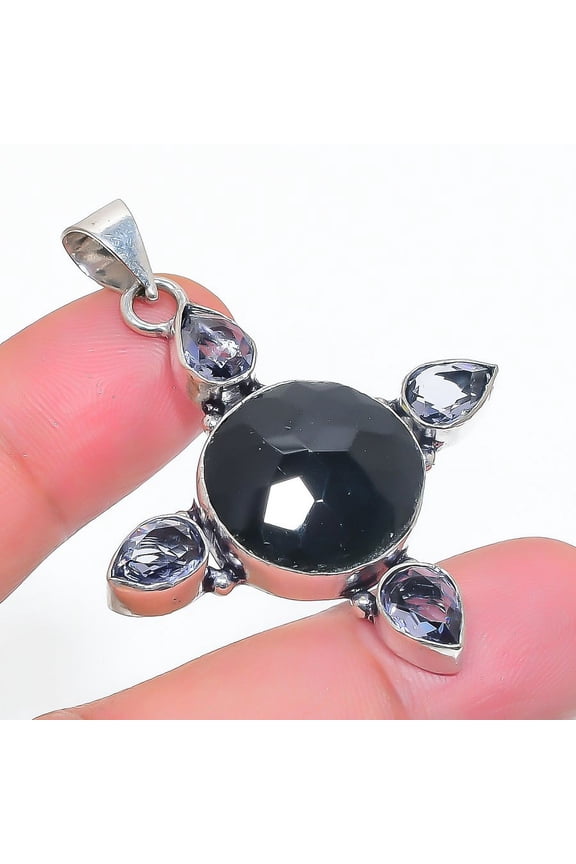 Natural Black Spinel, Amethyst 925 Sterling Silver Jewelry Pendant 1.97"
