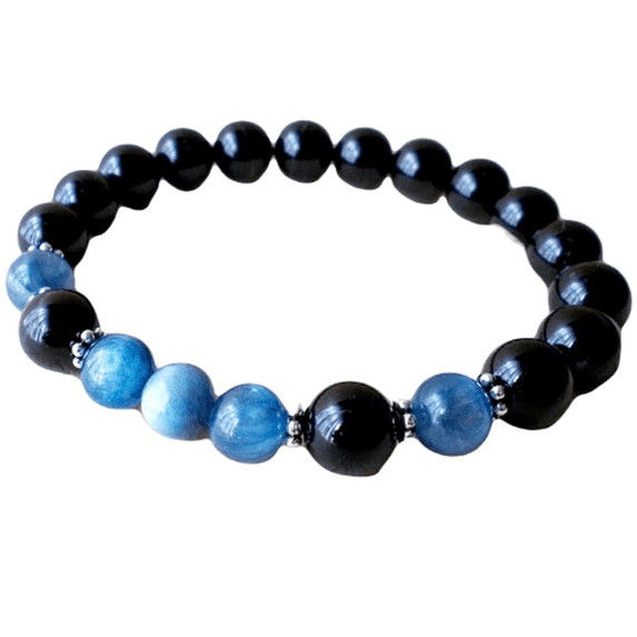 Natural Black Spinel & Blue Kyanite 8-10mm Round Shape Smooth Cut Beads Stretchable Bracelet for Men & Women.