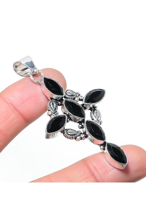Natural Black Spinel Gemastone 925 Sterling Silver Jewelry Pendant 2.68"