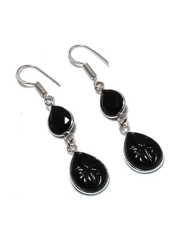 Natural Black Spinel Gemstone 925 Sterling Silver Jewelry Earring 2.13"