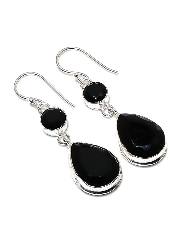 Natural Black Spinel Gemstone 925 Sterling Silver Jewelry Earring 2.17"
