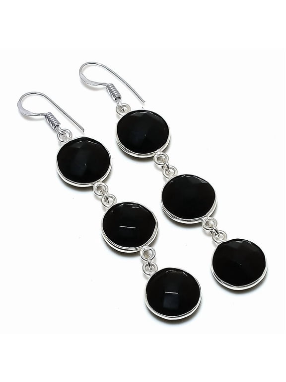 Natural Black Spinel Gemstone 925 Sterling Silver Jewelry Earring 2.76"