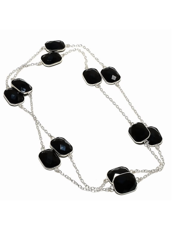 Natural Black Spinel Gemstone 925 Sterling Silver Jewelry Necklace 36"