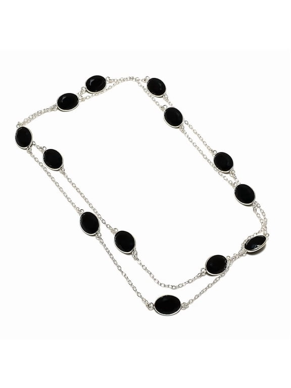 Natural Black Spinel Gemstone 925 Sterling Silver Jewelry Necklace 36"