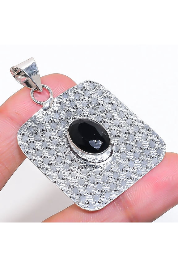 Natural Black Spinel Gemstone 925 Sterling Silver Jewelry Pendant 2.09"