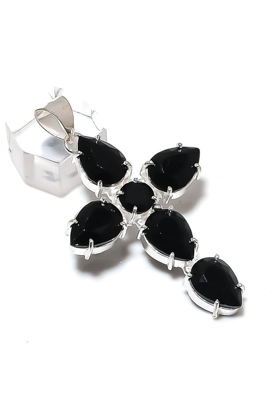 Natural Black Spinel Gemstone 925 Sterling Silver Jewelry Pendant 2.48"