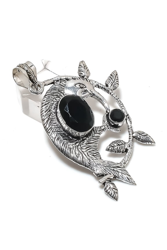 Natural Black Spinel Gemstone 925 Sterling Silver Jewelry Pendant 2.56"