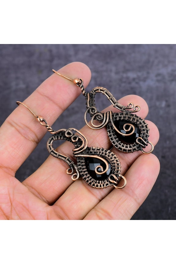 Natural Black Spinel Gemstone Copper Wire Wrap Jewelry Earring 2.96"