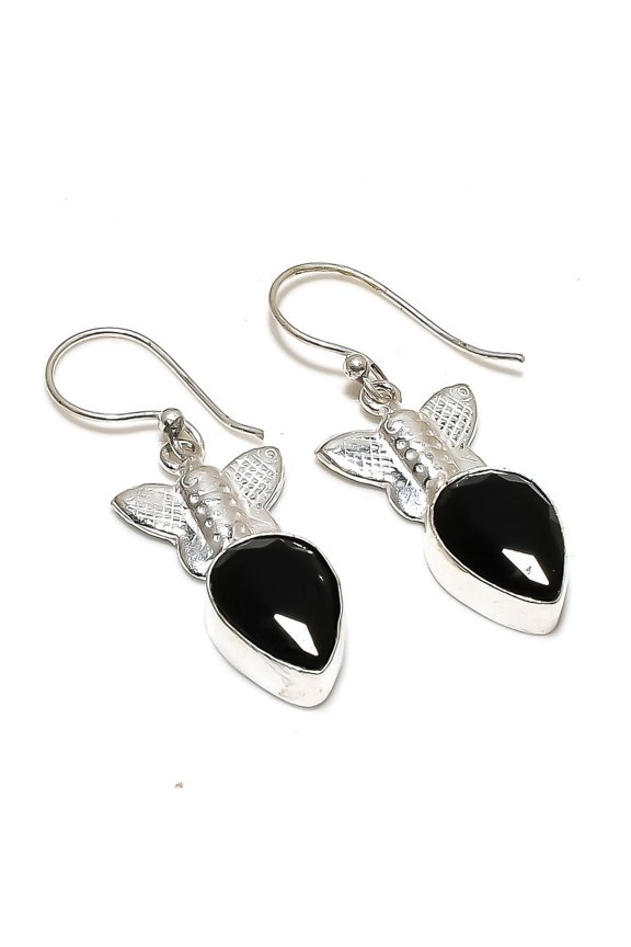 Natural Black Spinel Gemstone Handmade 925 Sterling Silver Earring 1.73"