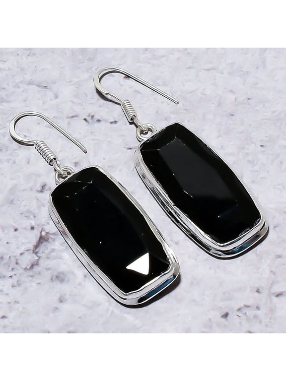 Natural Black Spinel Gemstone Handmade 925 Sterling Silver Earring 2.01"