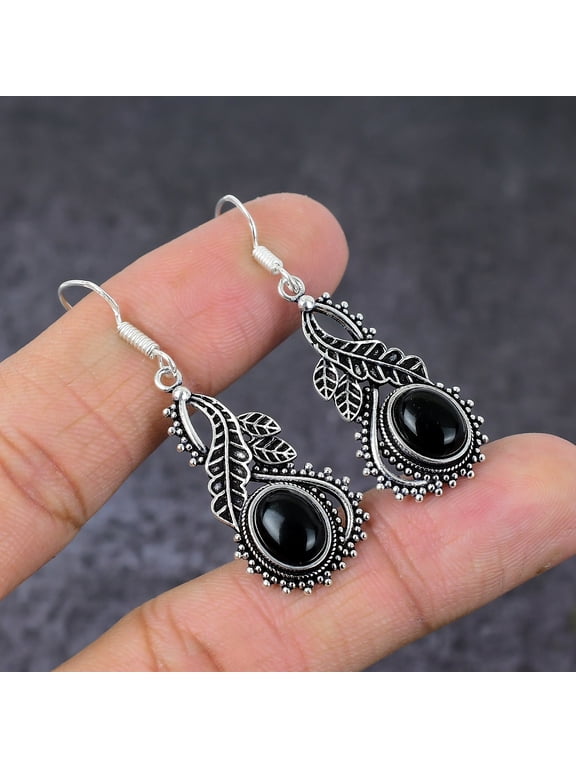 Natural Black Spinel Gemstone Handmade 925 Sterling Silver Gift Earring 2"