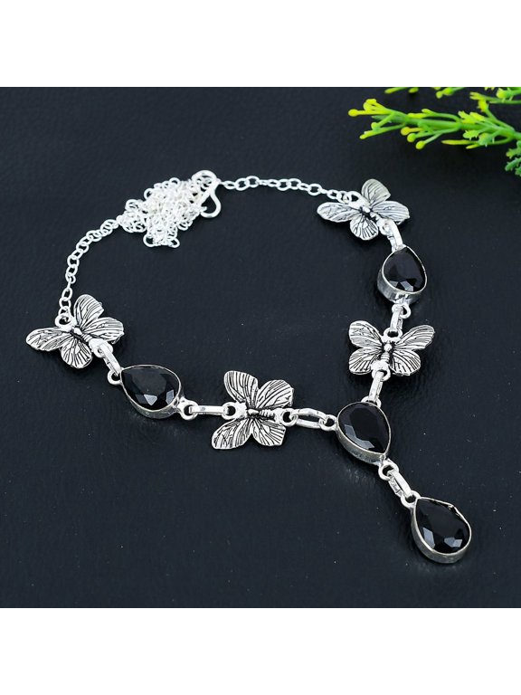 Natural Black Spinel Gemstone Handmade 925 Sterling Silver Necklace 18"