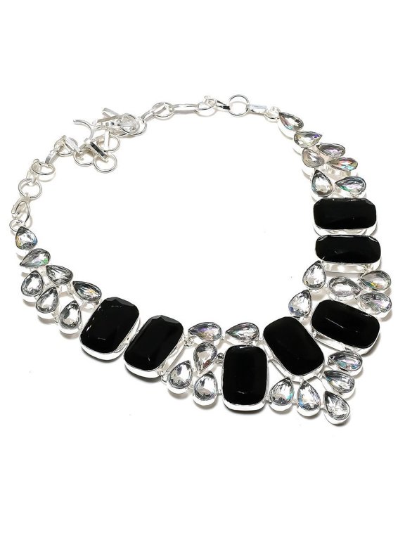 Natural Black Spinel Gemstone Handmade 925 Sterling Silver Necklace 18"