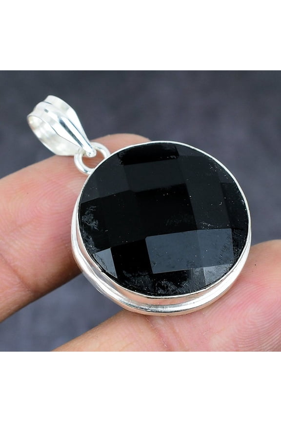 Natural Black Spinel Gemstone Handmade 925 Sterling Silver Pendant 1.58"
