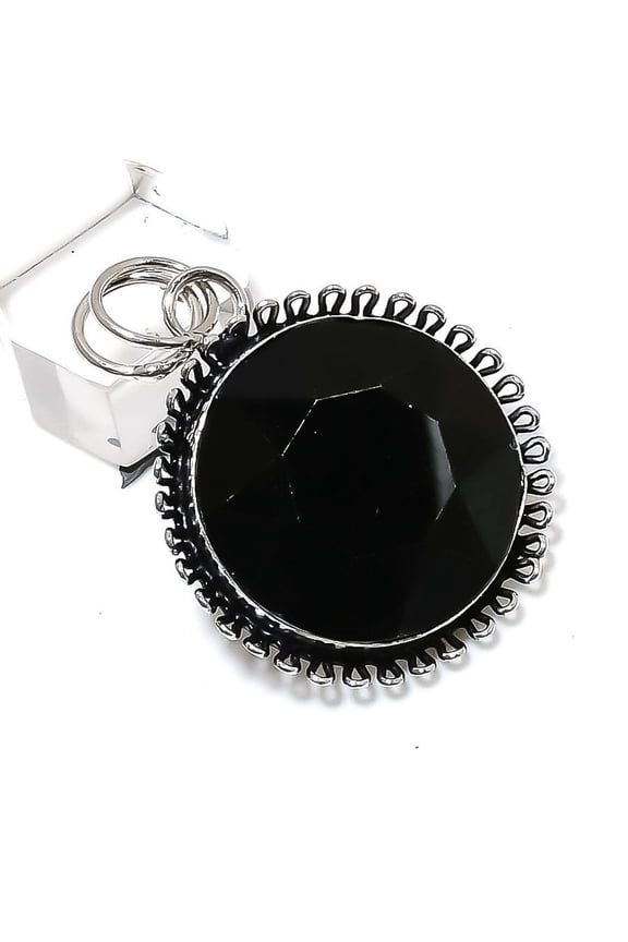 Natural Black Spinel Gemstone Handmade 925 Sterling Silver Pendant 1.77"