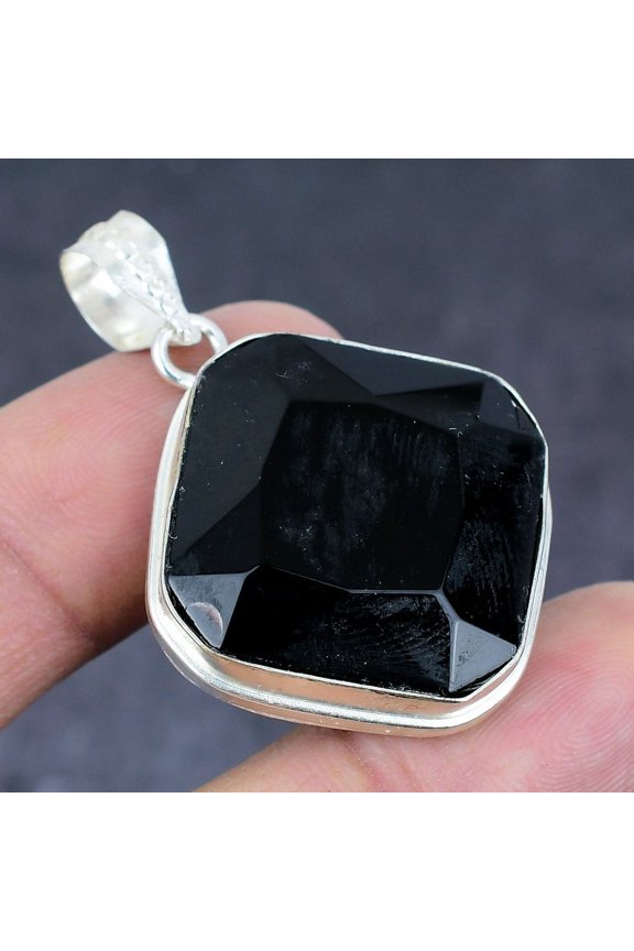 Natural Black Spinel Gemstone Handmade 925 Sterling Silver Pendant 1.81"