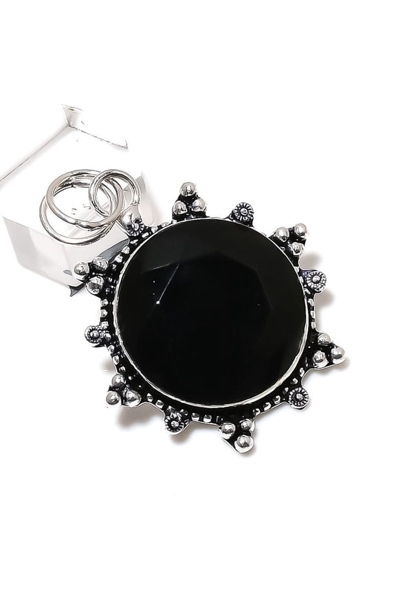 Natural Black Spinel Gemstone Handmade 925 Sterling Silver Pendant 1.97"