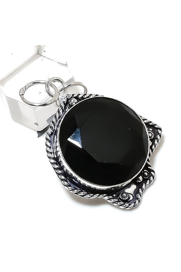 Natural Black Spinel Gemstone Handmade 925 Sterling Silver Pendant 2.01"