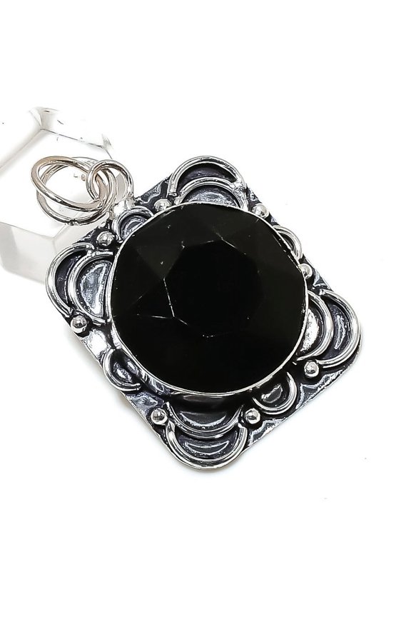 Natural Black Spinel Gemstone Handmade 925 Sterling Silver Pendant 2.05"