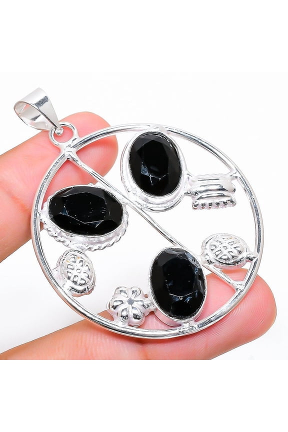 Natural Black Spinel Gemstone Handmade 925 Sterling Silver Pendant 2.25"