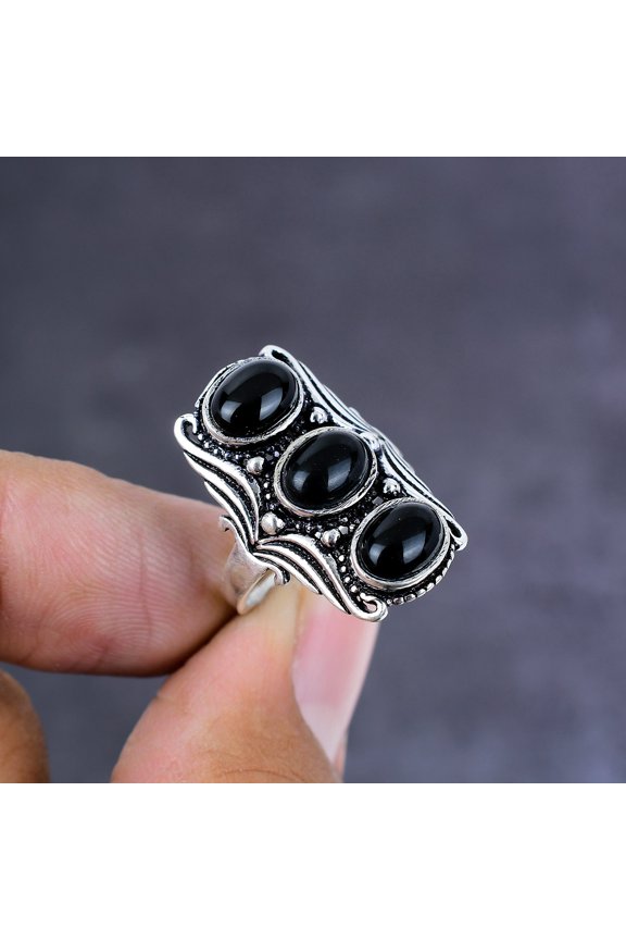 Natural Black Spinel Gemstone Handmade 925 Sterling Silver Ring Size 7