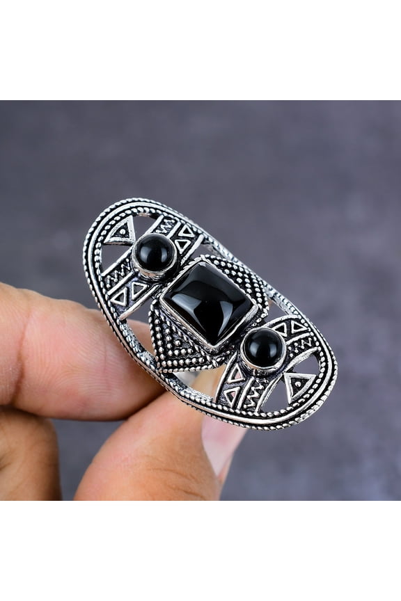 Natural Black Spinel Gemstone Handmade 925 Sterling Silver Ring Size 9