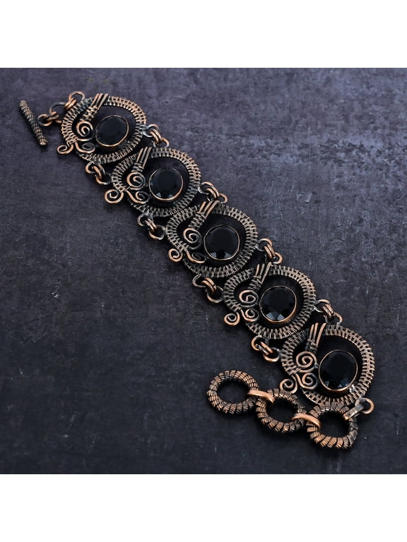 Natural Black Spinel Gemstone Handmade Copper Wire Wrap Bracelet 7-8"