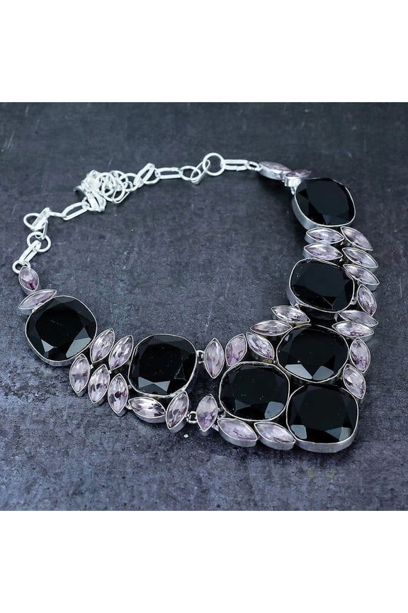 Natural Black Spinel, Kunzite 925 Sterling Silver Jewelry Necklace 18"