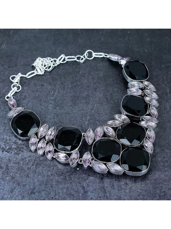 Natural Black Spinel, Kunzite 925 Sterling Silver Jewelry Necklace 18"