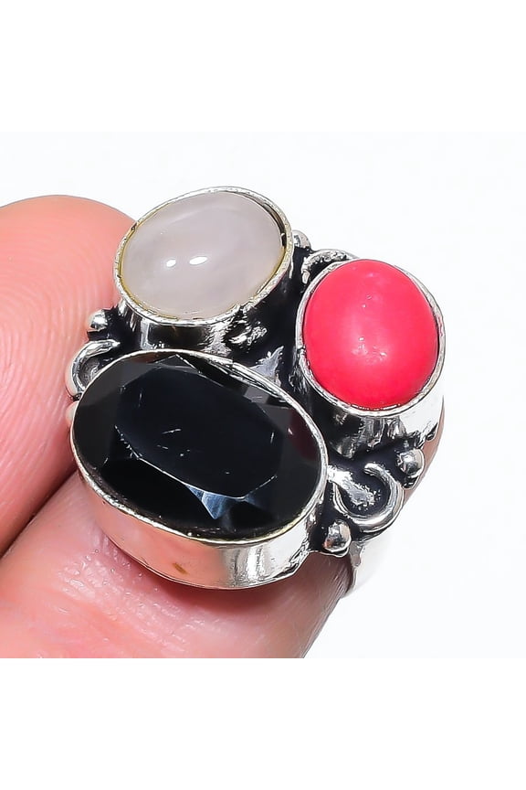 Natural Black Spinel, Moonstone 925 Sterling Silver Jewelry Ring Size 6