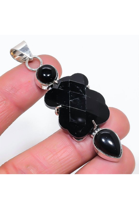 Natural Black Spinel, Onyx 925 Sterling Silver Jewelry Pendant 2.76"