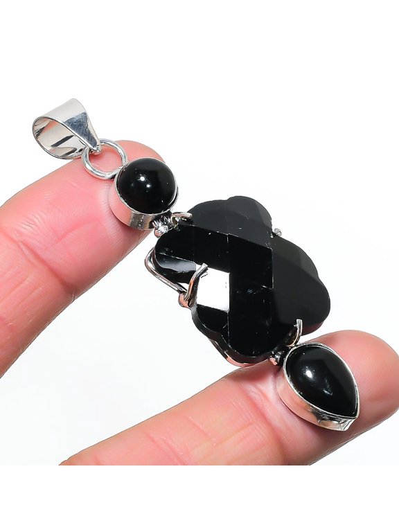 Natural Black Spinel, Onyx 925 Sterling Silver Jewelry Pendant 2.80"